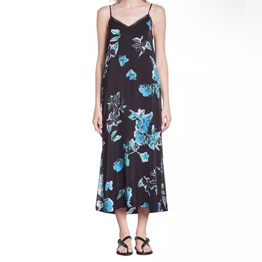 🆕 The Kooples V Neck Black Floral Vintage Lace Slip Midi Dress - 8